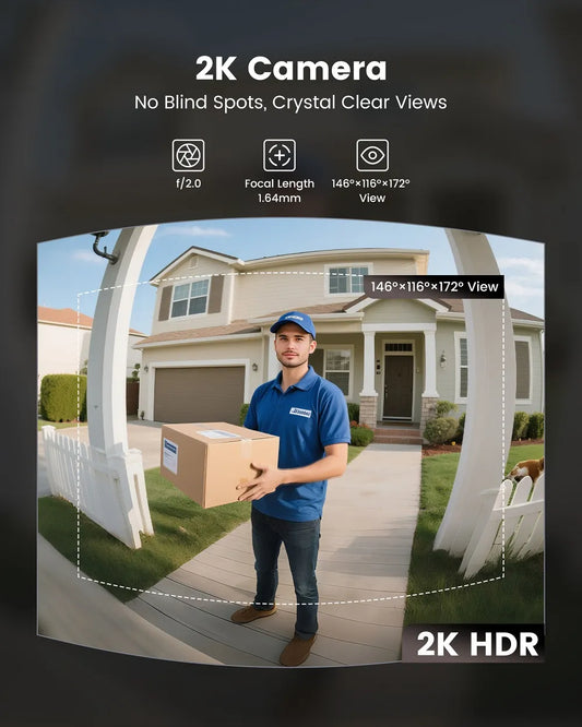 Person delivering a package with 2K camera features highlighted on a dark background