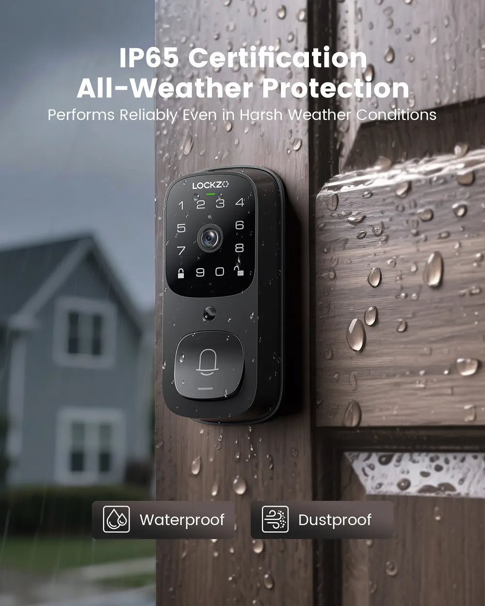Smart lock on a door with raindrops, featuring IP65 certification text.