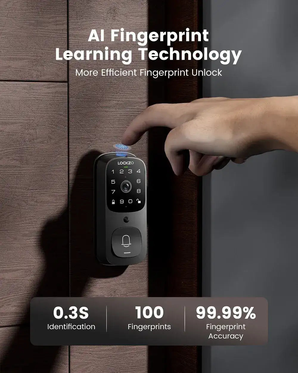 Smart door lock with AI fingerprint learning technology being used on a wooden door.