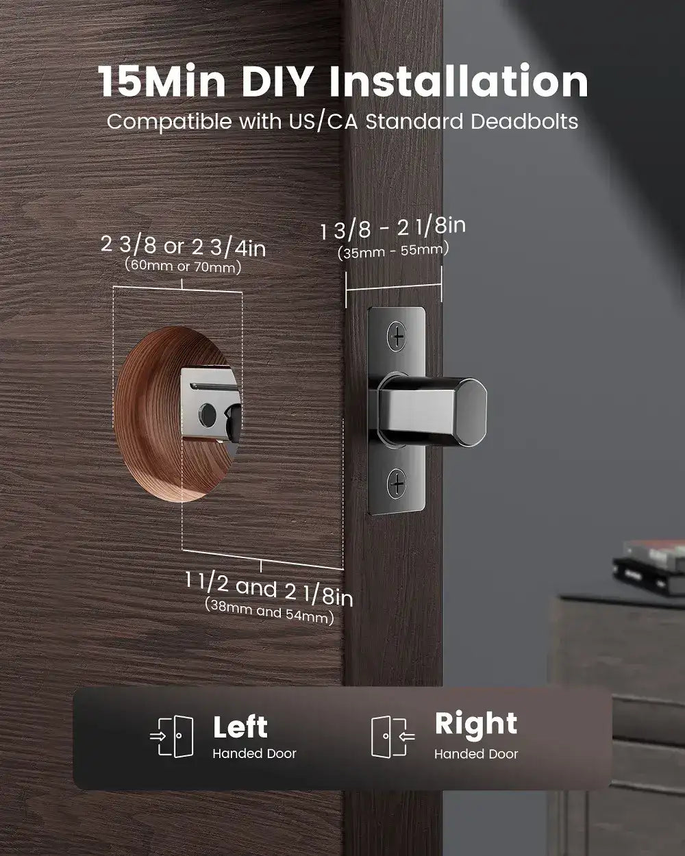 Door handle installation guide with measurements and compatibility information.