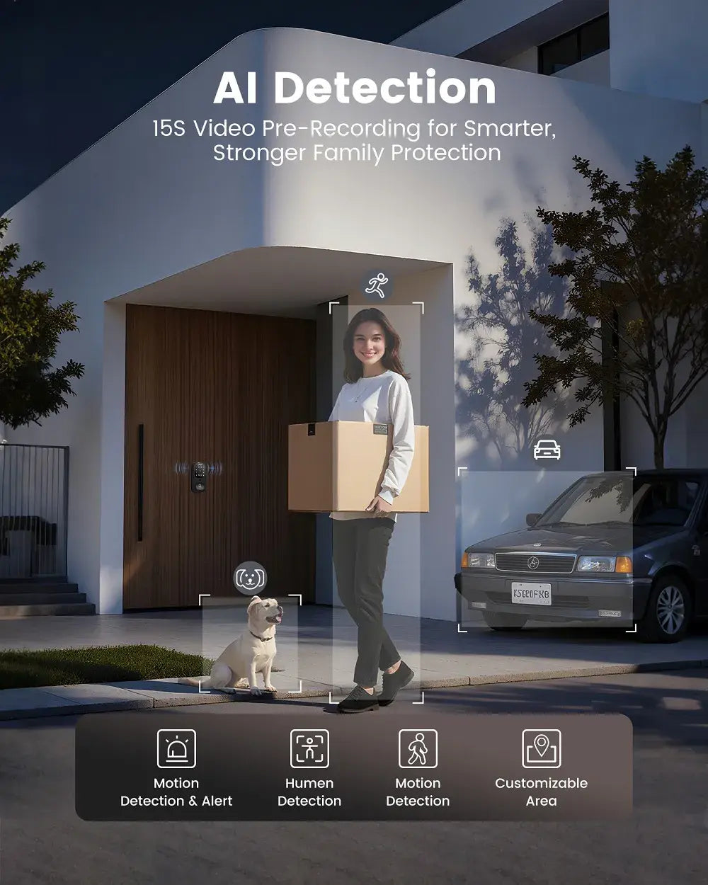 Smart home security system with AI detection features displayed on a house exterior.