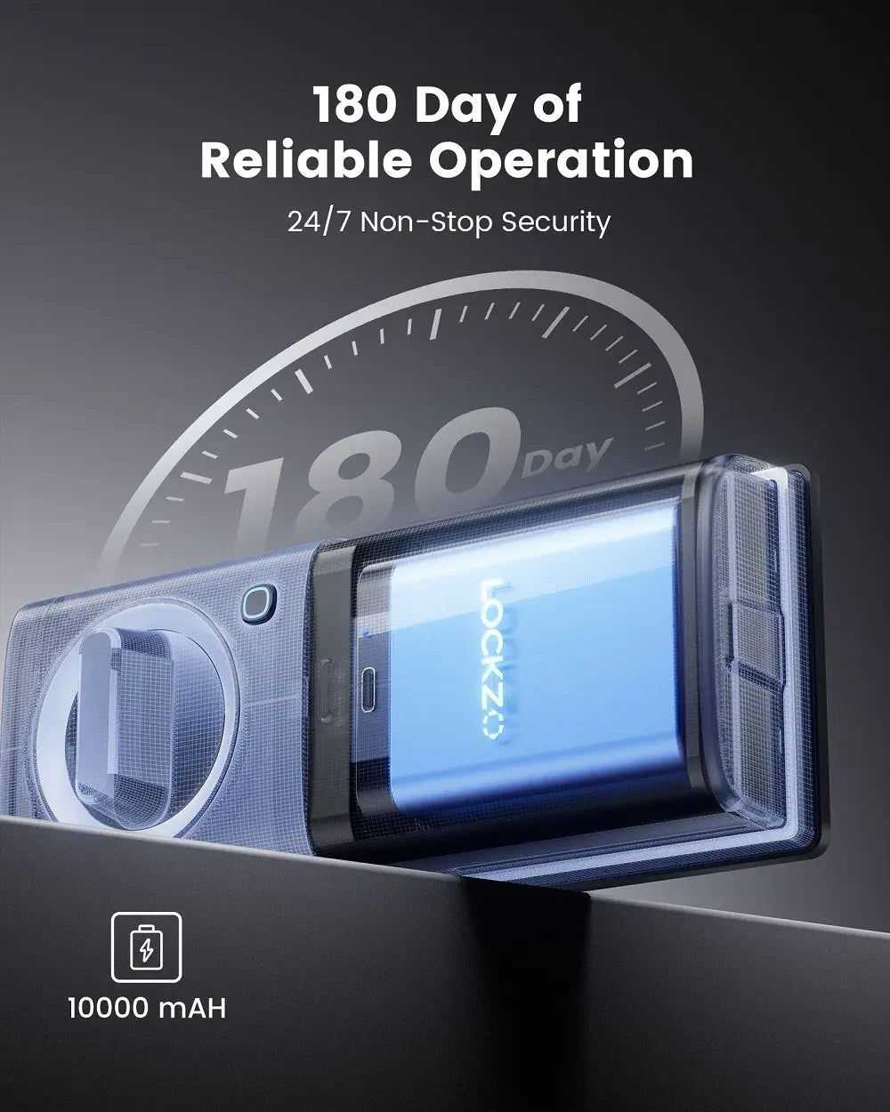 Phone case with '180 Day' and '24/7 Non-Stop Security' text on a dark background