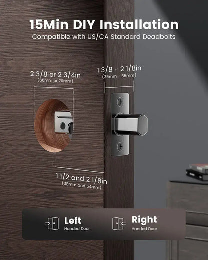 Door handle installation guide with measurements and compatibility information.